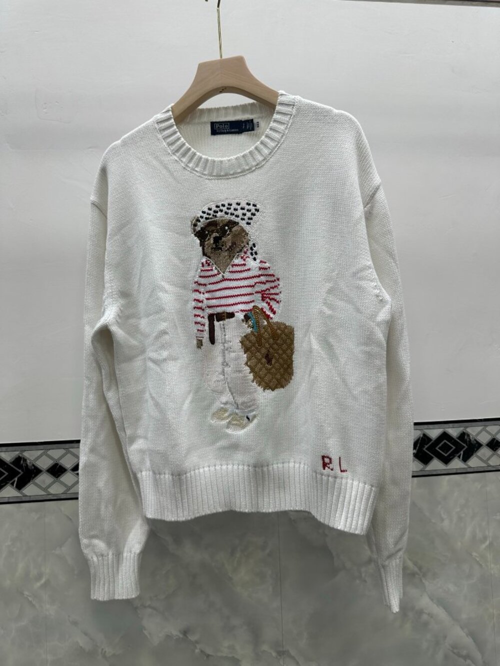 Polo Ralph Lauren White Polka Dot Headscarf Polo Bear Knit Pullover Sweater
